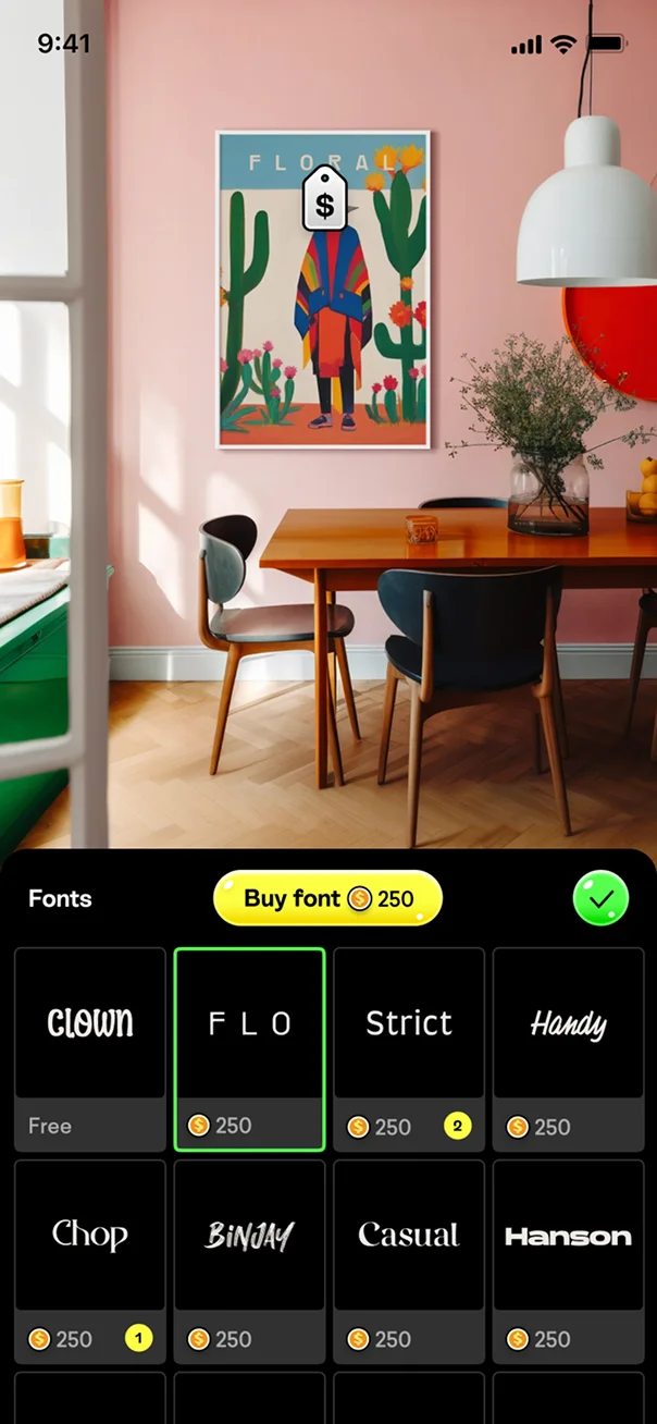 Ambie app screen: font shop