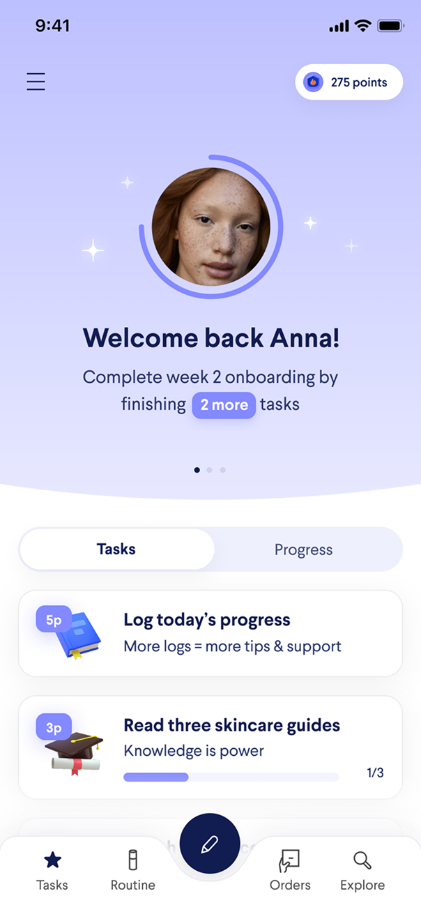 Curology app screen: welcome back home