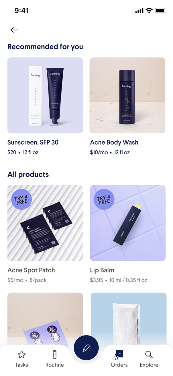 Curology app screen: recommended products