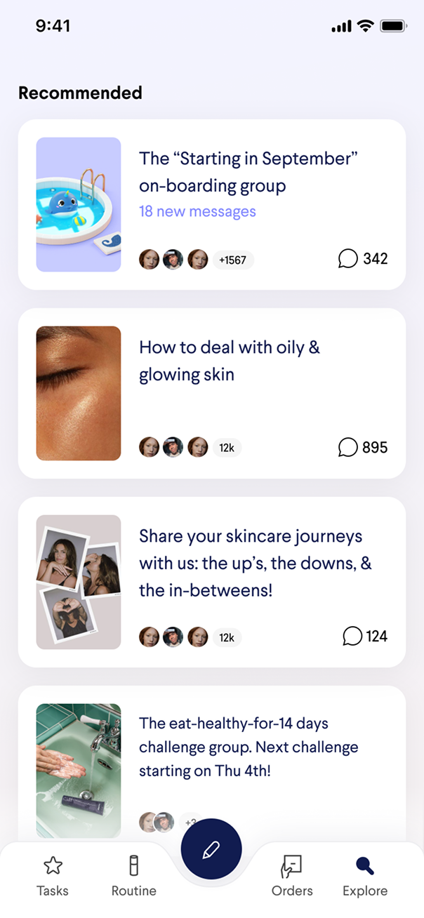 Curology app screen: recommended community threads