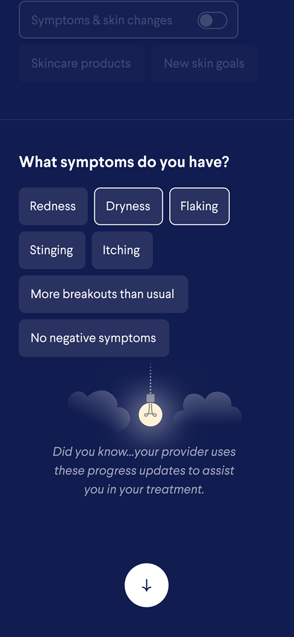 Curology app screen: symptom tracker
