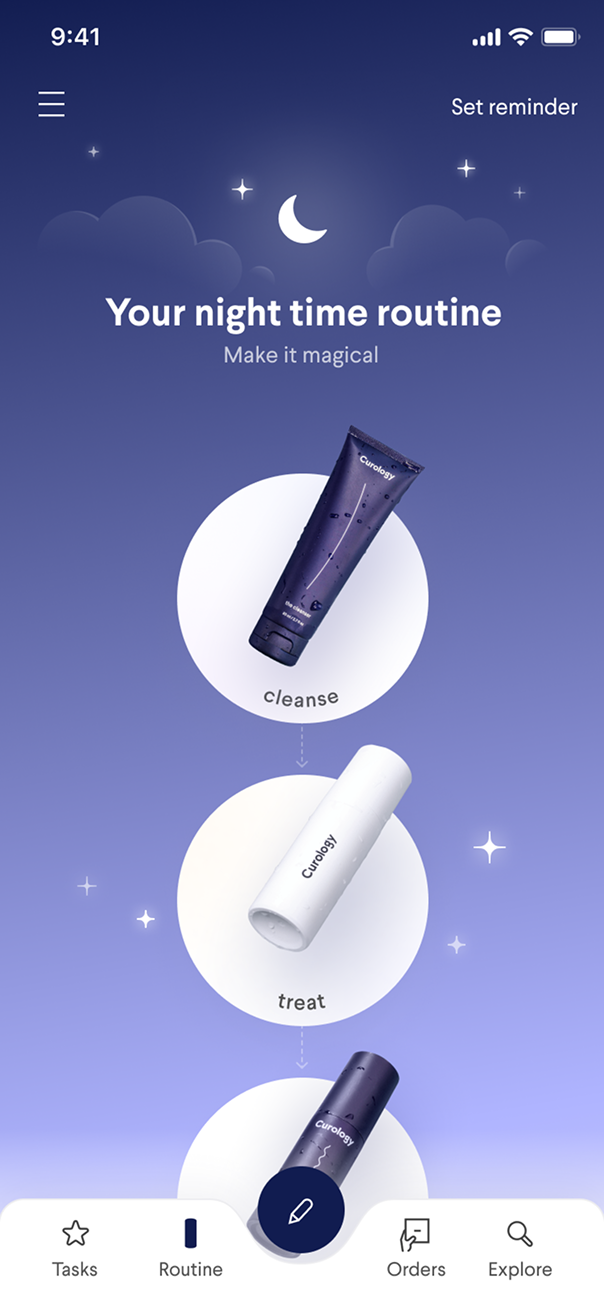 Curology app screen: night time routine