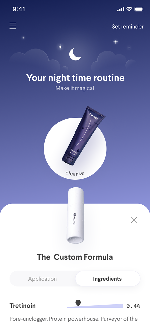 Curology app screen: custom formula ingredients