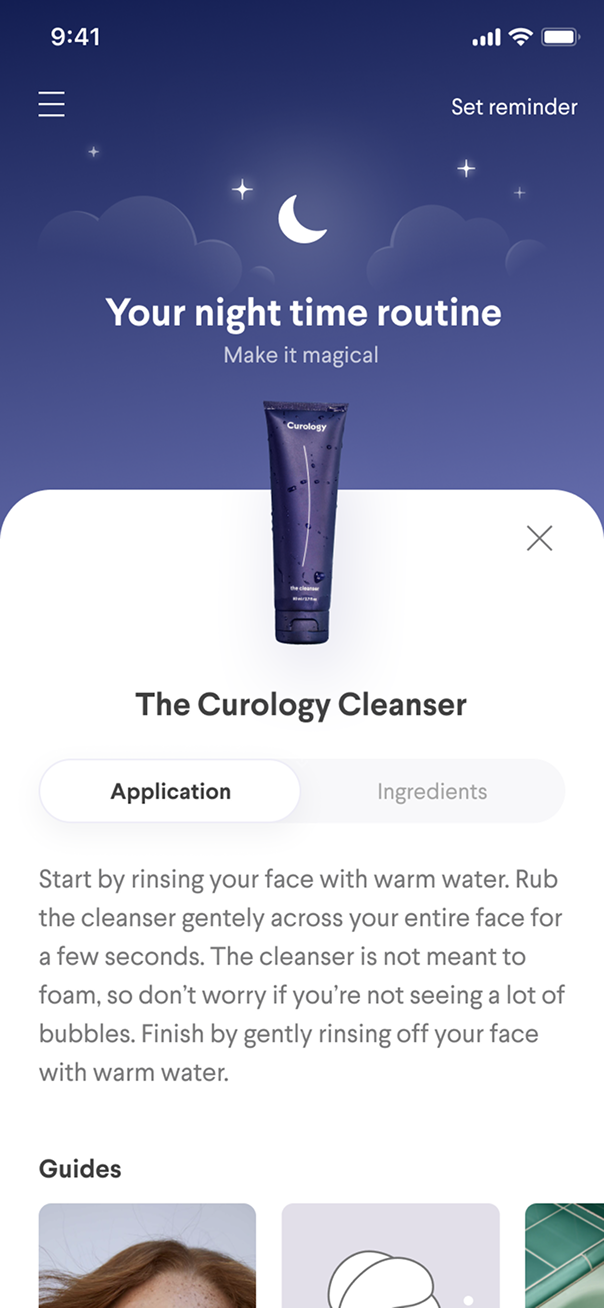 Curology app screen: cleanser application