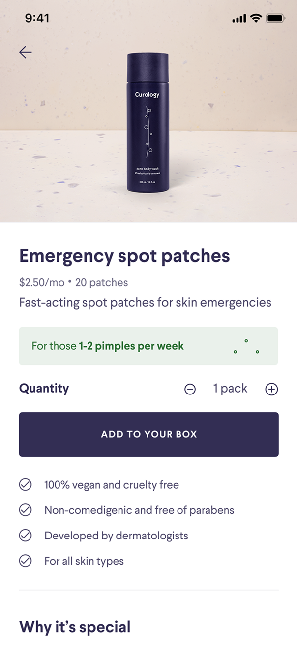 Curology app screen: emergency spot patches