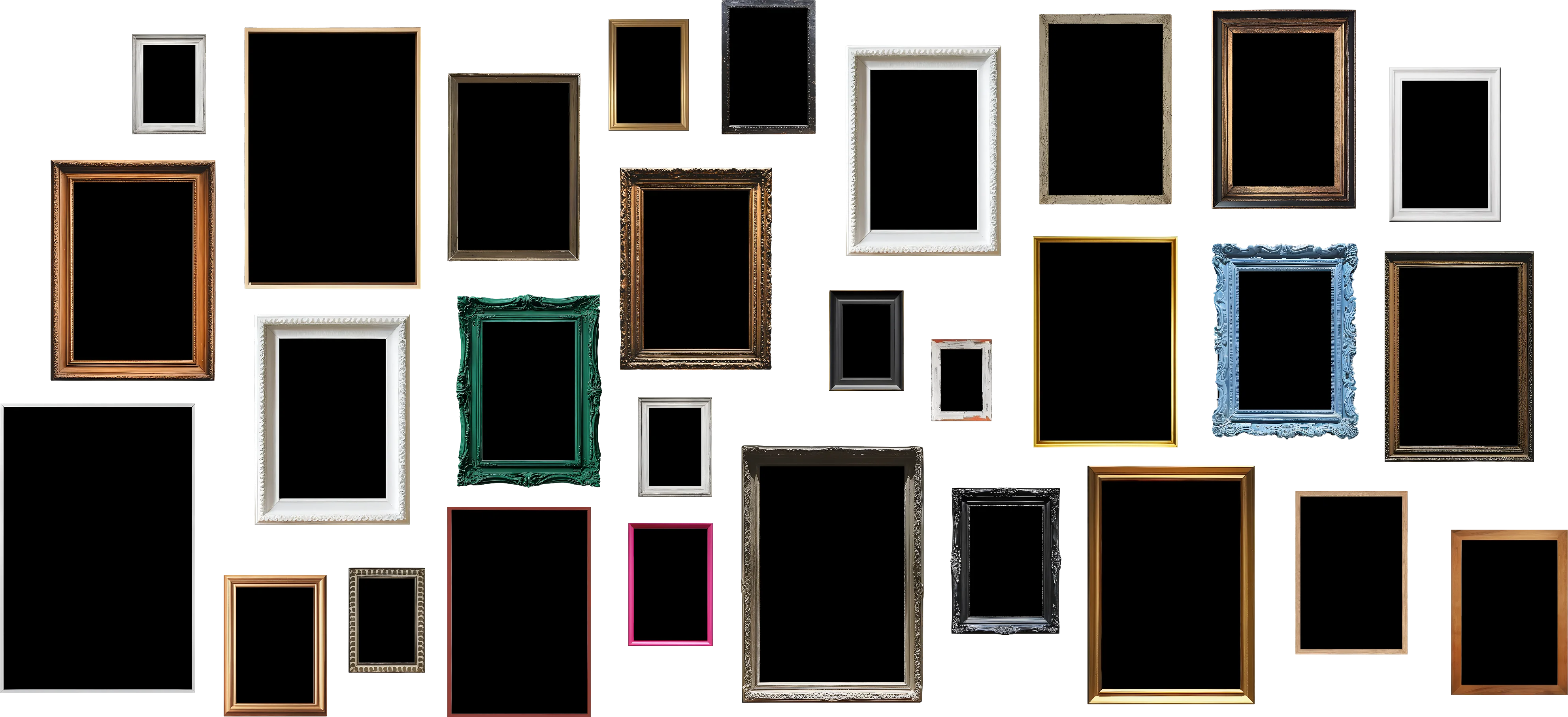 A wall of empty vintage picture frames