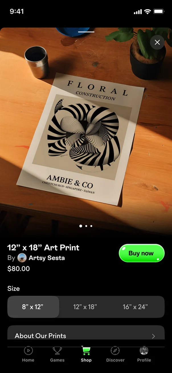 Ambie app screen: art print shop
